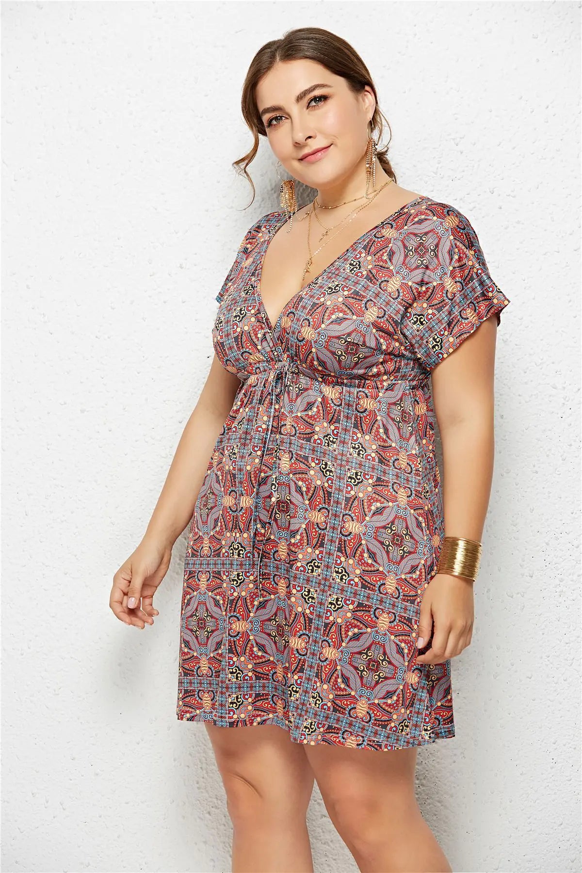 Printed Deep V-Neck Dress with Elastic Waist