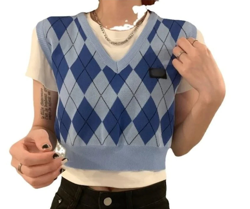 Summer American Rhombus Blue Cropped Knitted Vest for Women