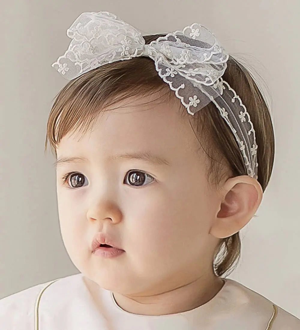 Yheahin Baby Girls Lace Bow Headband Cute Chiffon Bow-Knot Toddler Hairband Elastic Soft Lace Infants Birthday Party Hair Accessories (White-4 One size)