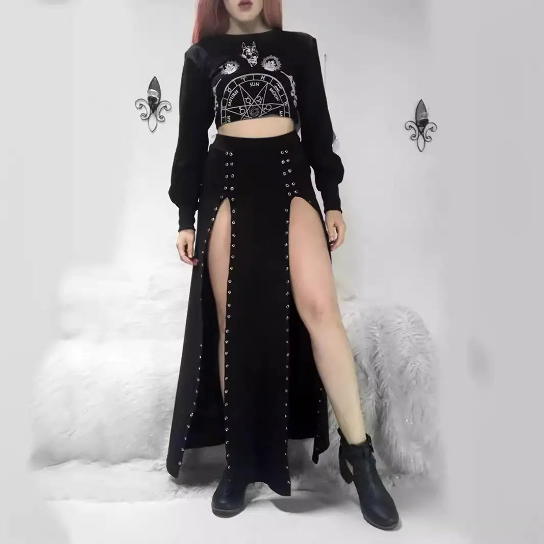 High-Waist Mid-Length Skirt with Rivet and Slit Design