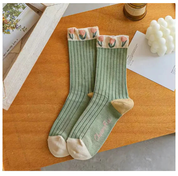 Retro Tulip Floral Cotton Socks