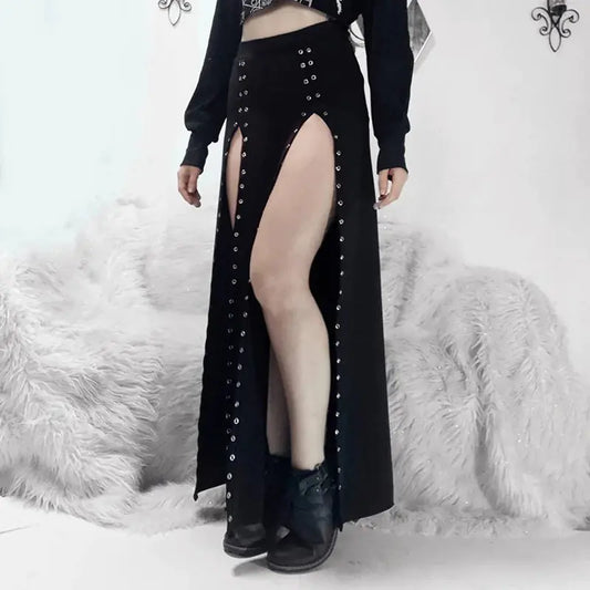 High-Waist Mid-Length Skirt with Rivet and Slit Design